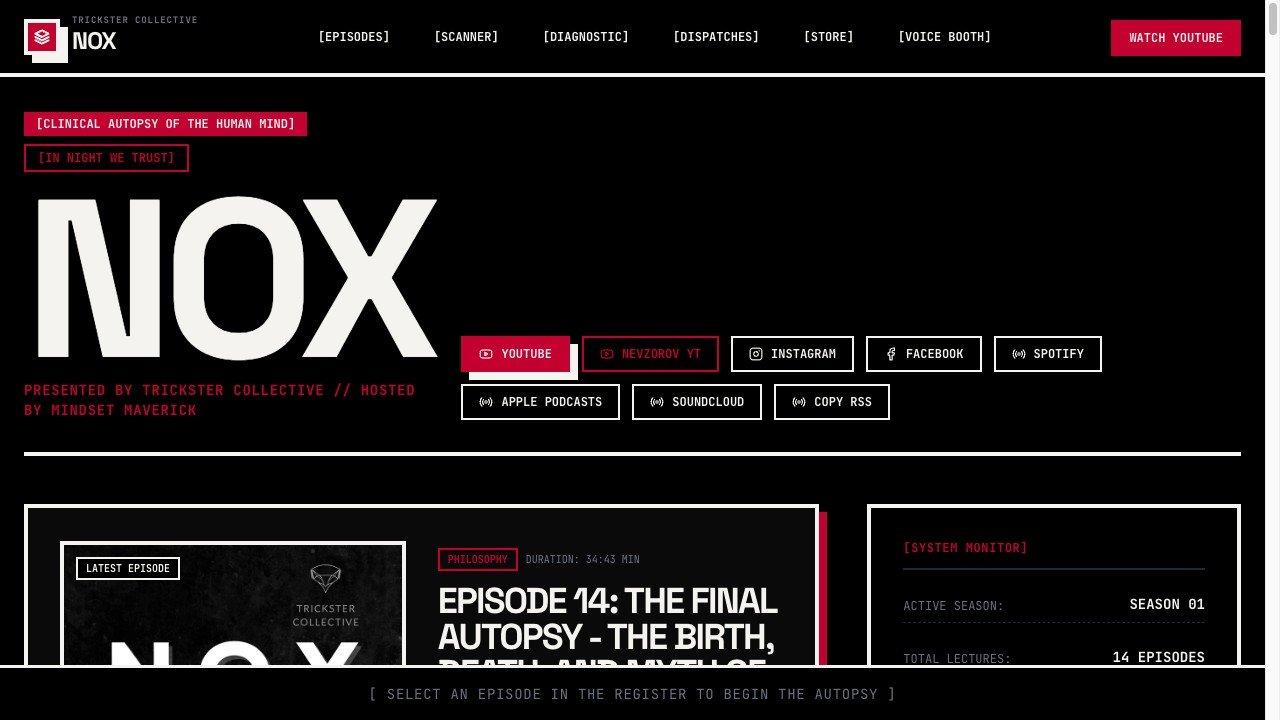 Pantalla principal del sitio del podcast NOX